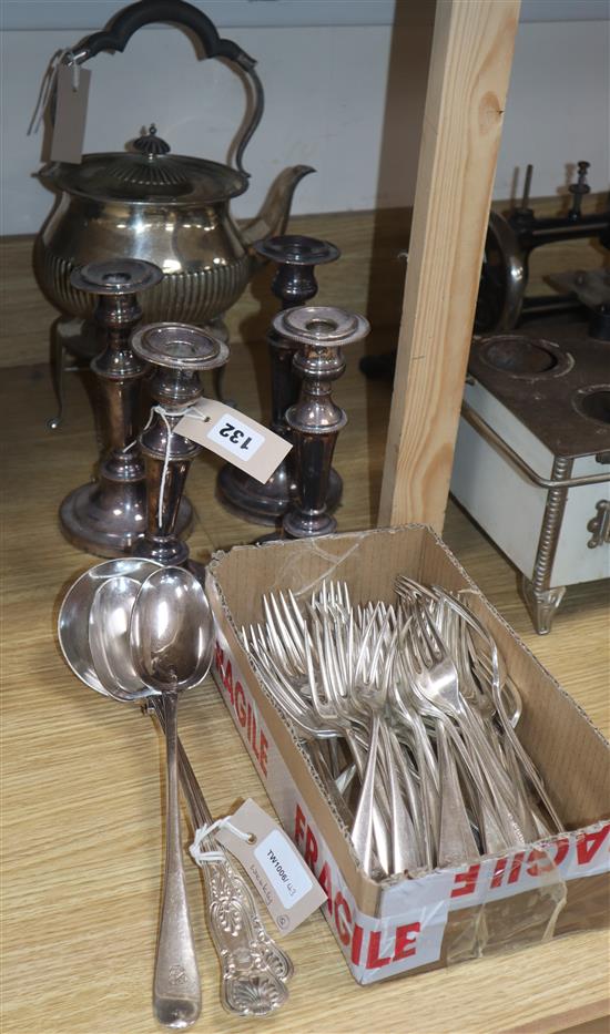 A set of four plated pillar candlesticks and a small quantity of plated items